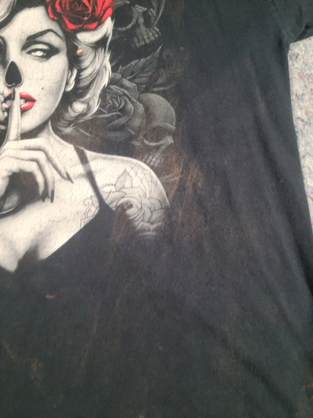 Black Skull Rose Tattoo Graphic Tee 2XL Goth Grunge Pinup - Picture 3 of 7